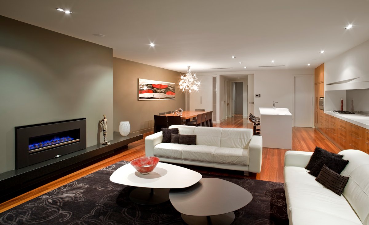 Fireplace, White Sofas, Rug, Open Plan Living Space, Contemporary Home in Brighton, Australia