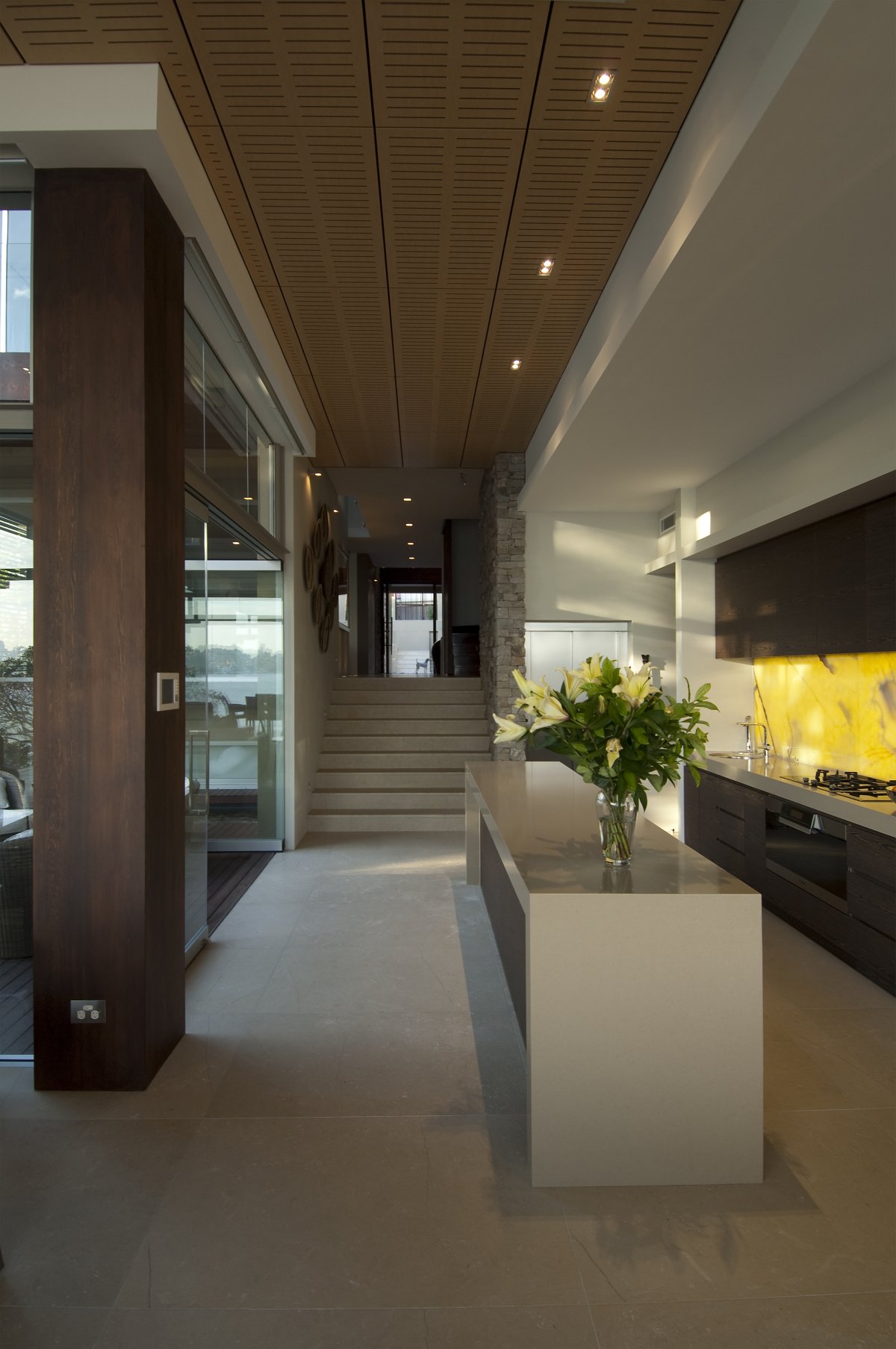 Kitchen Island, Stairs, Glass Door, Waterfront Home in Vaucluse, Sydney
