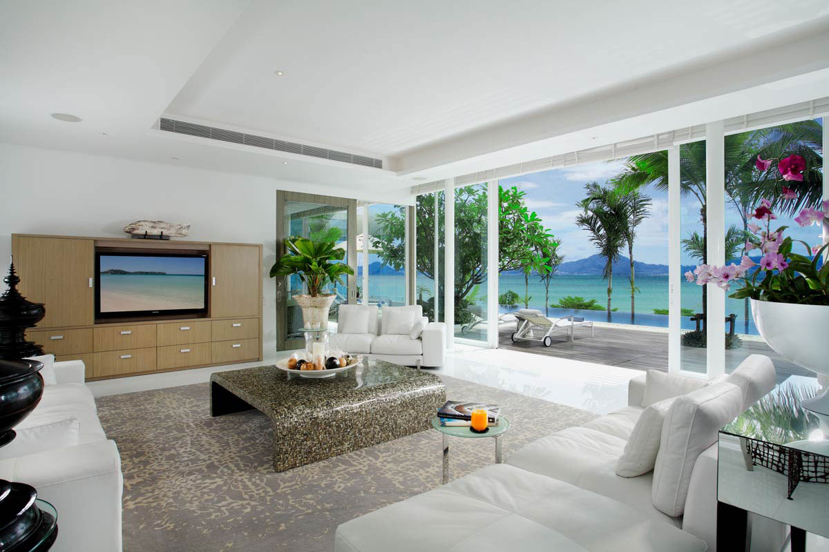 White Sofas, Rug, Glass Sliding Doors, Oceanfront Villa in Phuket, Thailand