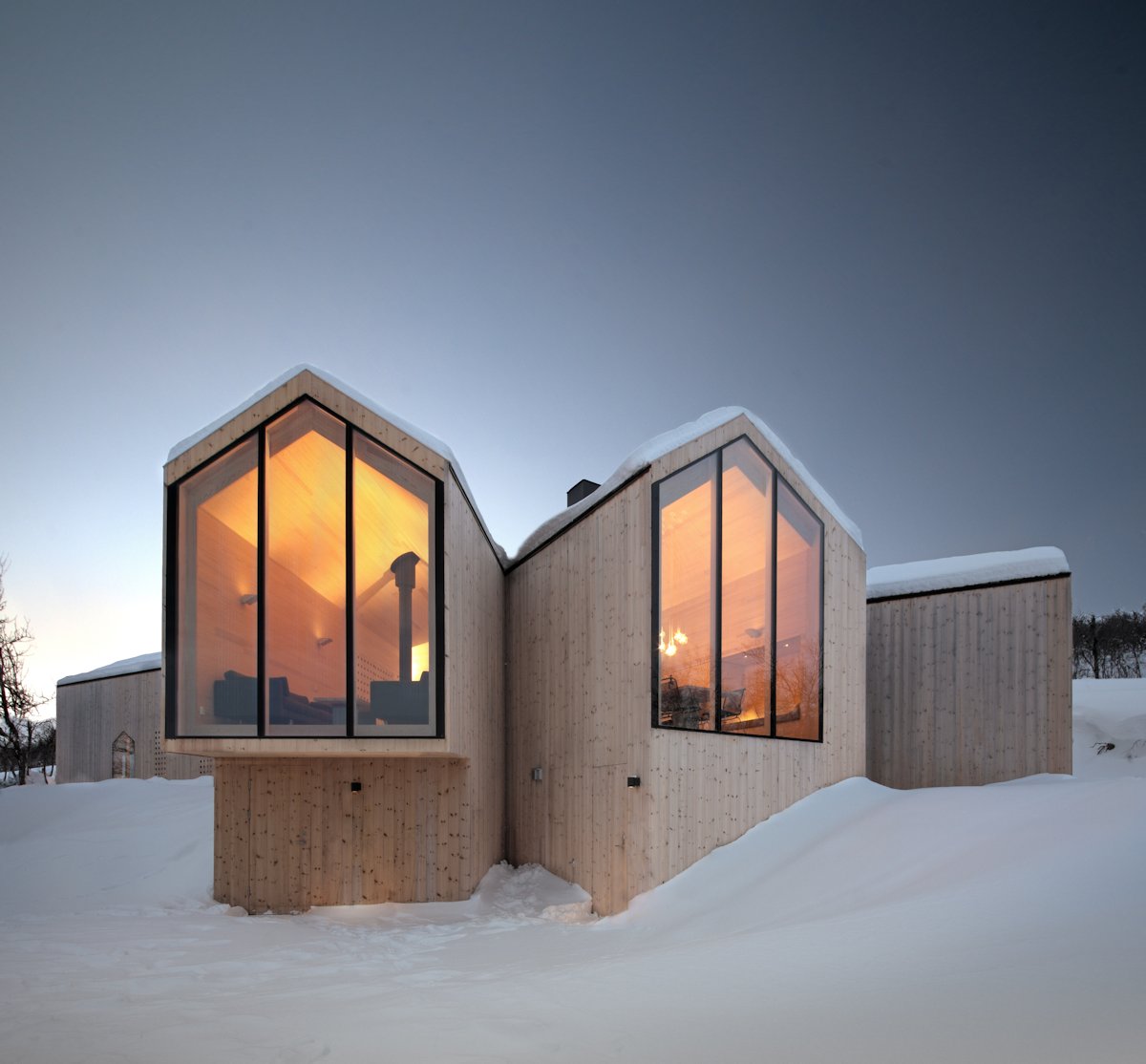 Large Windows, Lighting, Wood Cladding, Family Holiday Lodge in Havsdalen, Norway