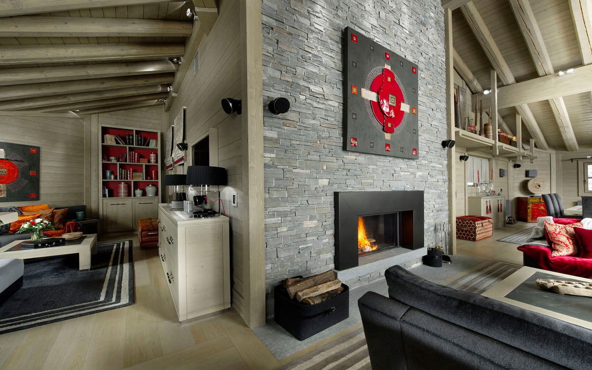 Contemporary Fireplace, Stone Tiled Wall, Art, Ski Chalet in Courchevel 1850, France