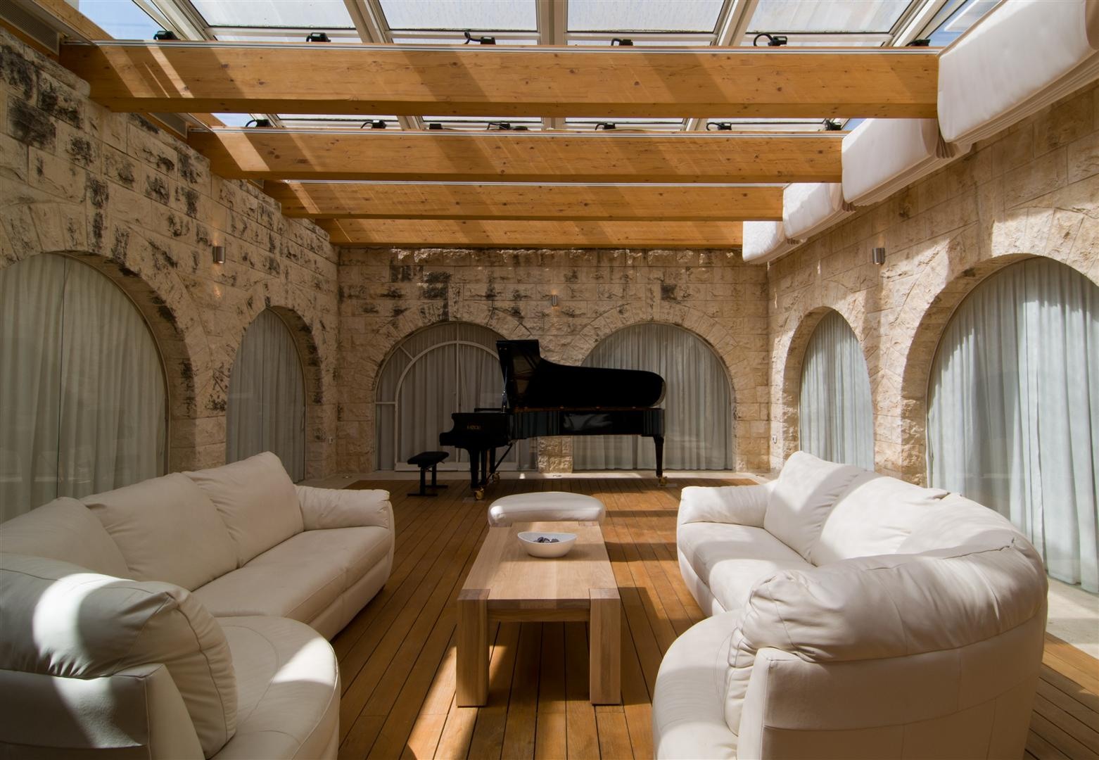 Coffee Table, Sofas, Piano, Living Space, Contemporary Stone House in Jerusalem, Israel