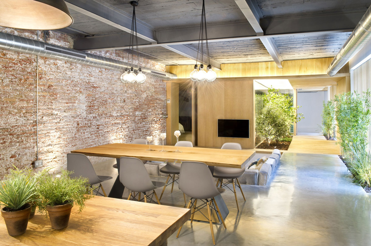 Wood Dining Table, Pendant Lighting, Living Room, Loft Style Home in Terrassa, Spain