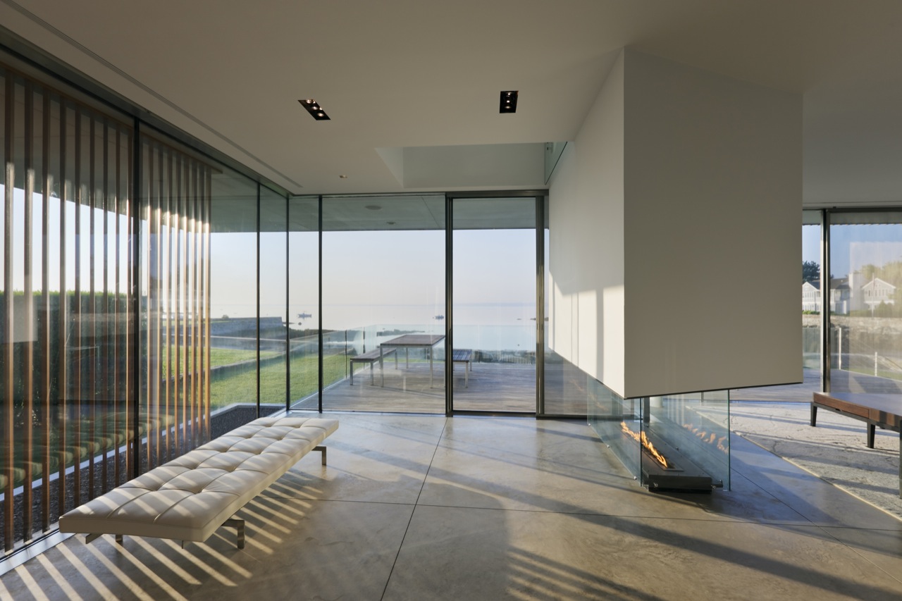 Glass Walls, Contemporary Fireplace, Oceanfront Residence in Connecticut