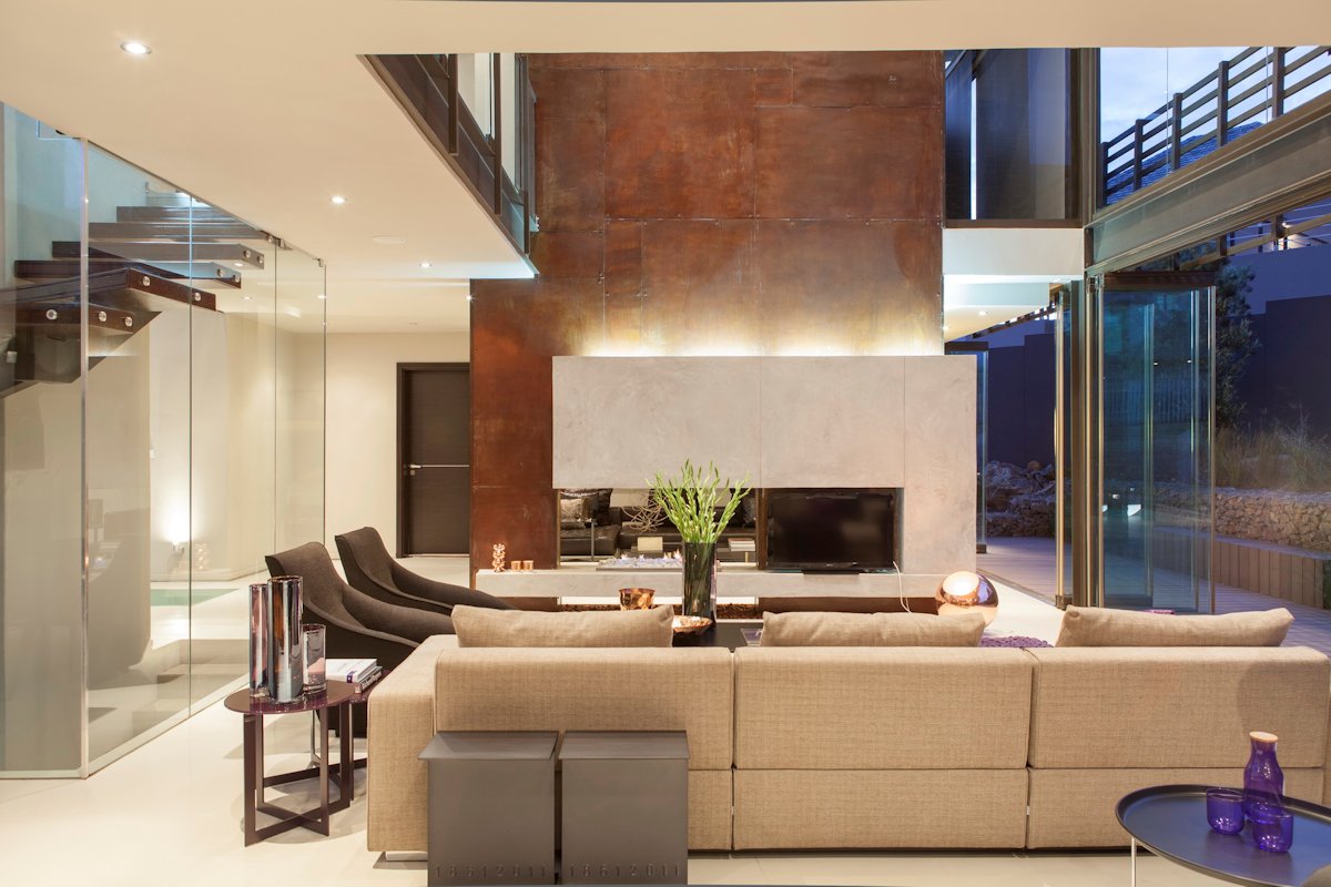 Glass Walls, Contemporary Fireplace, Sofa, House in Johannesburg