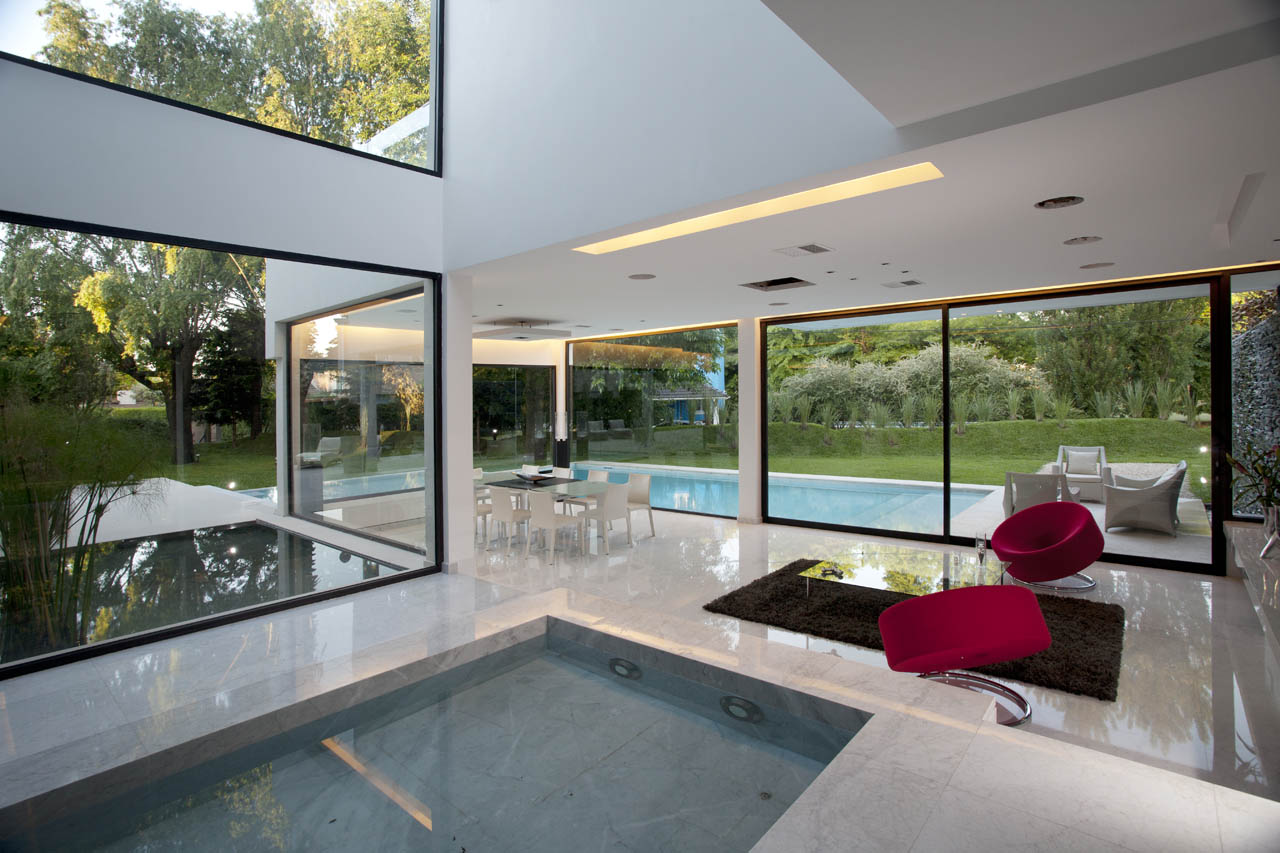 Water Feature, Carrera Marble Flooring, Modern House in Pilar, Buenos Aires
