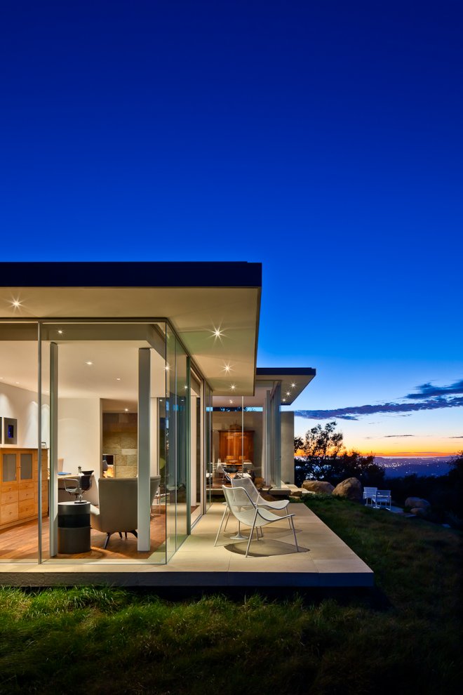 Evening, Lighting Terrace, Floor-to-Ceiling Windows, Hilltop Home in Carpinteria, California