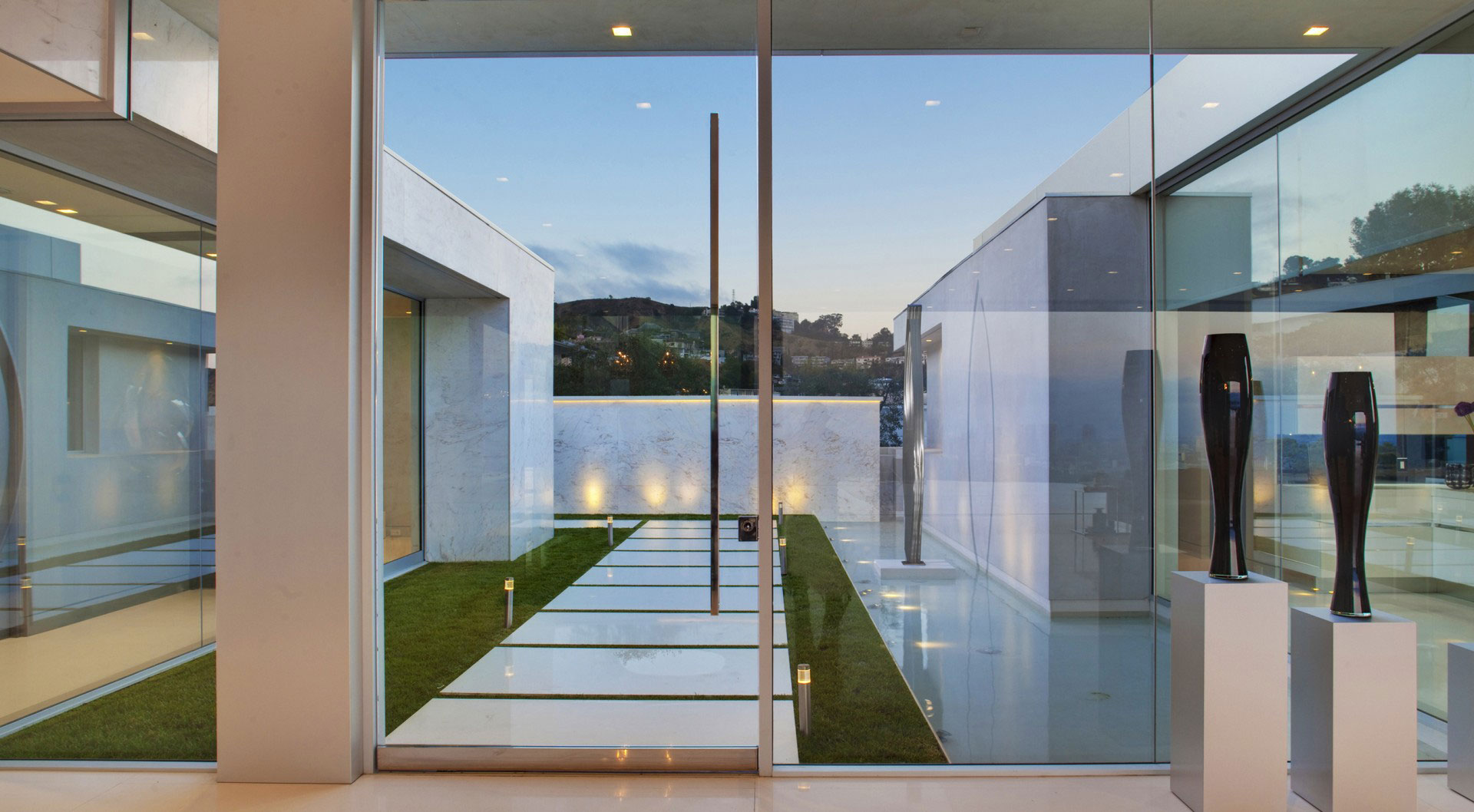 Marble Path, Water Feature, Glass Walls, Tanager Residence in West Hollywood