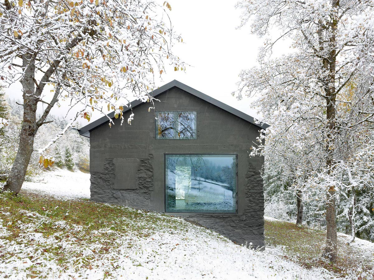 Snow, Garden, Large Window, Holiday Home Renovation in Ayent, Switzerland