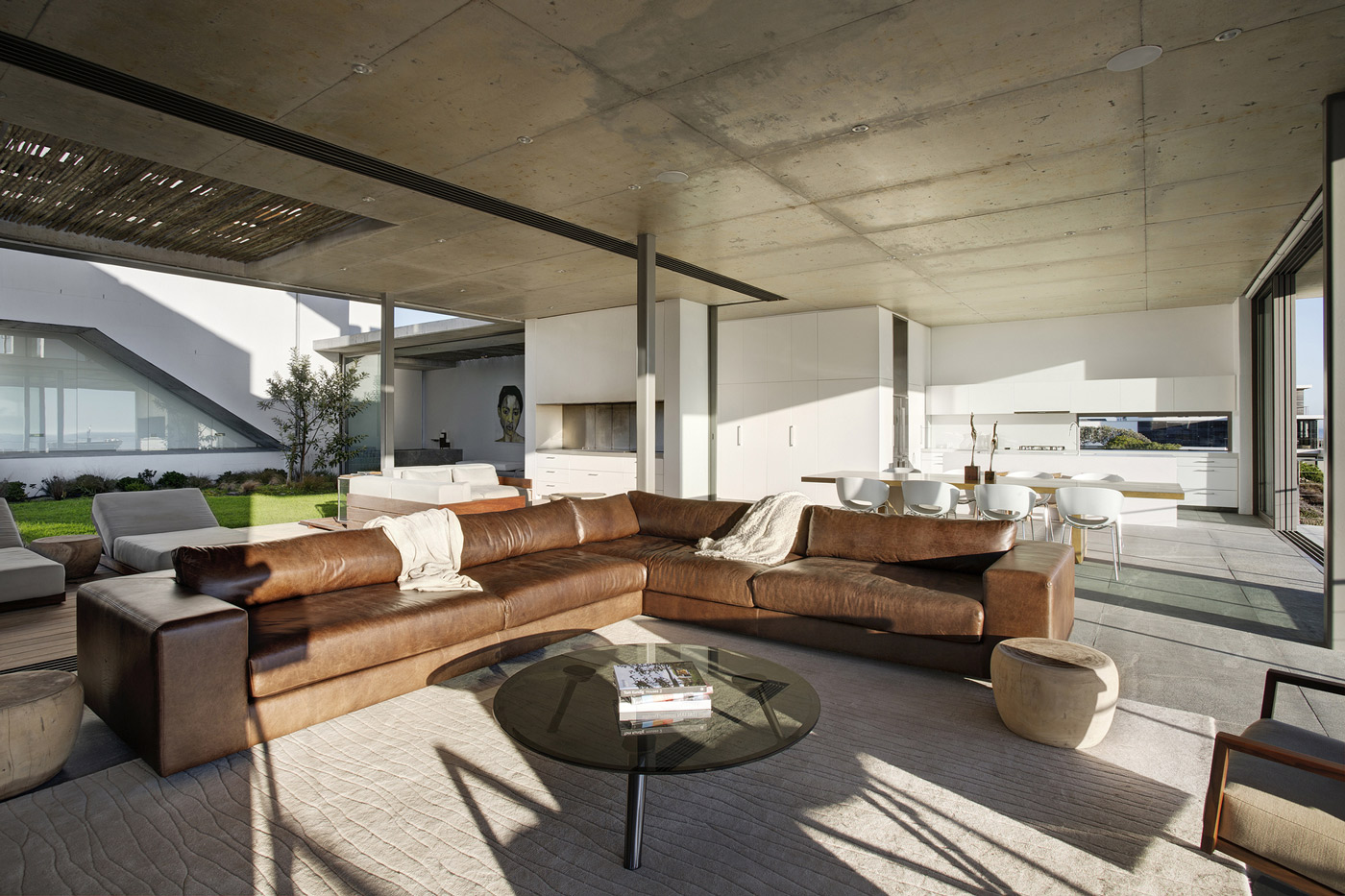 Brown Leather Sofas, Glass Coffee Table, Open Plan Living Space, Holiday Home in Yzerfontein, South Africa