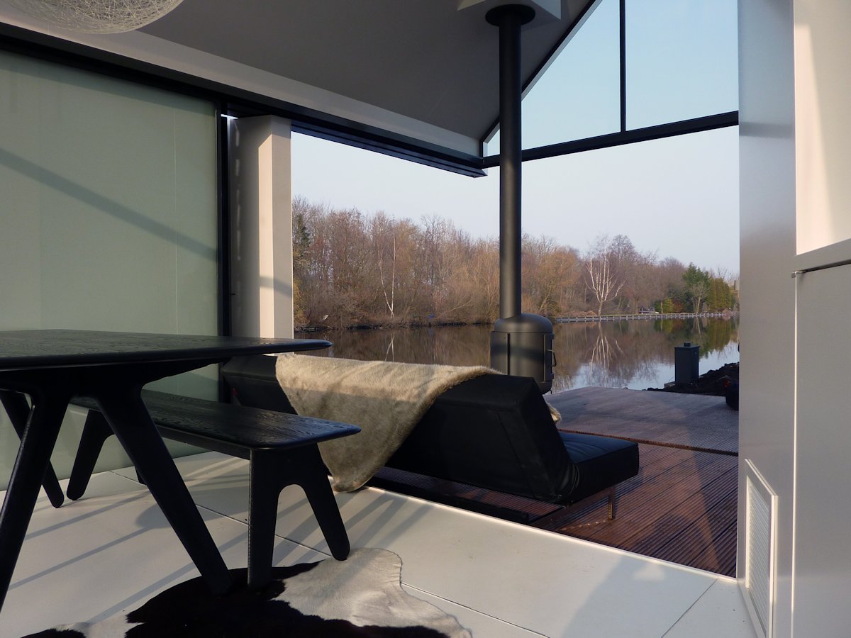 Dining Table, Chair, Fireplace, Lake View, Holiday House in Loosdrechtse