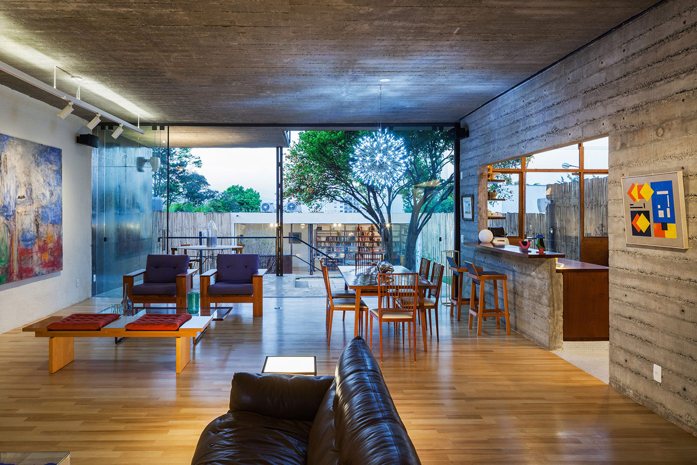 Glass Sliding Doors, Open Plan Living, Dining Space, Urban House in São Paulo, Brazil