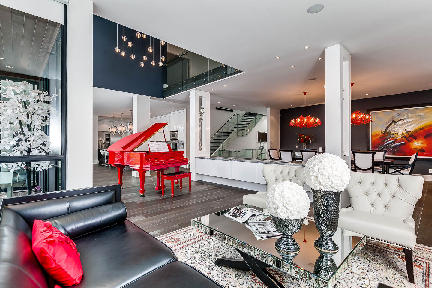 Red Piano, Mirrored Coffee Table, Pendant Lighting, Contemporary House in Toronto, Canada