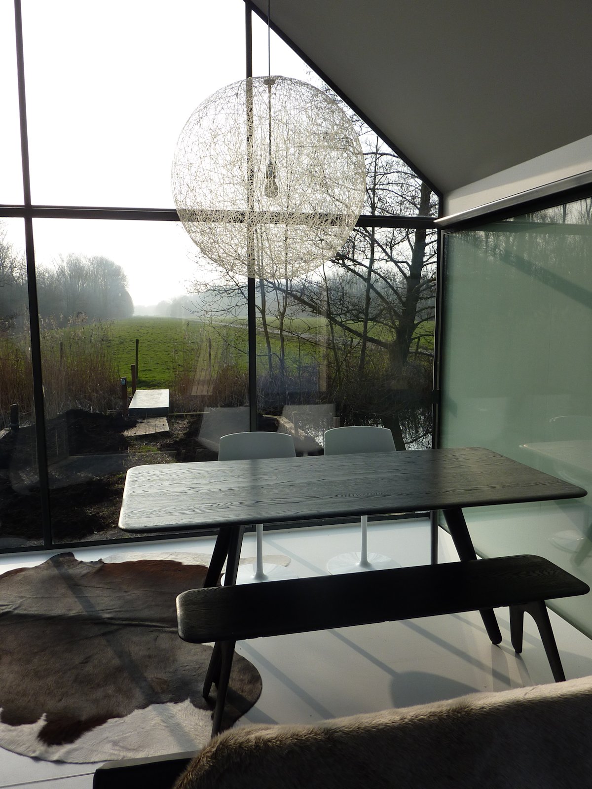 Wooden Dining Table, Glass Wall, Lighting, Holiday House in Loosdrechtse