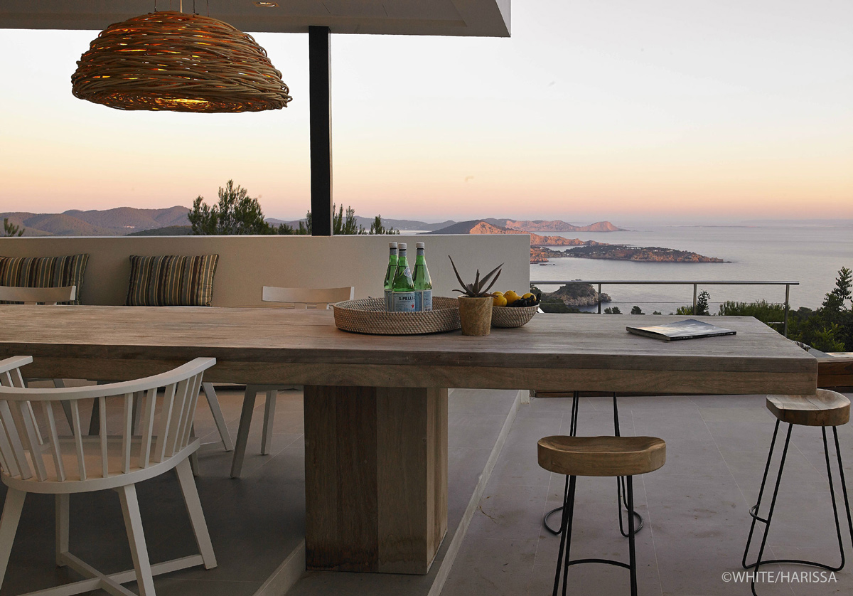 Wooden Outdoor Dining Table, Sea Views, Terrace, Modern House in Ibiza, Spain