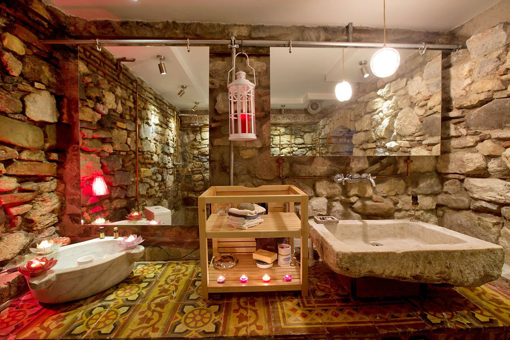 Rustic Bathroom, Natural Stone Sink, Duplex in Galata, Istanbul
